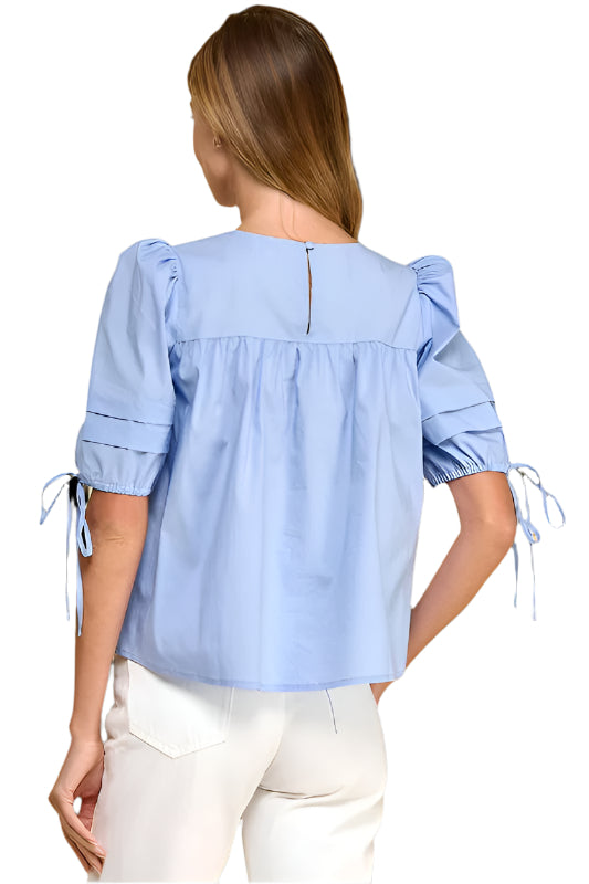 Pleated Keyhole Puff Sleeve Blouse - Baby Blue