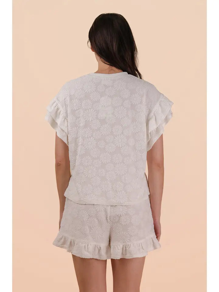 Floral Textured Ruffle Knit Set - White
