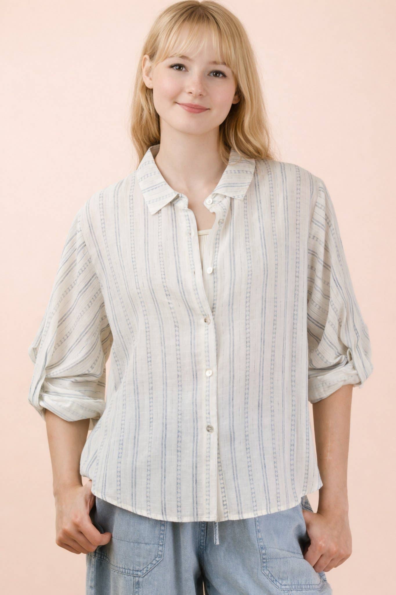 Roll up Half Sleeve Stripe Shirt Top - Black