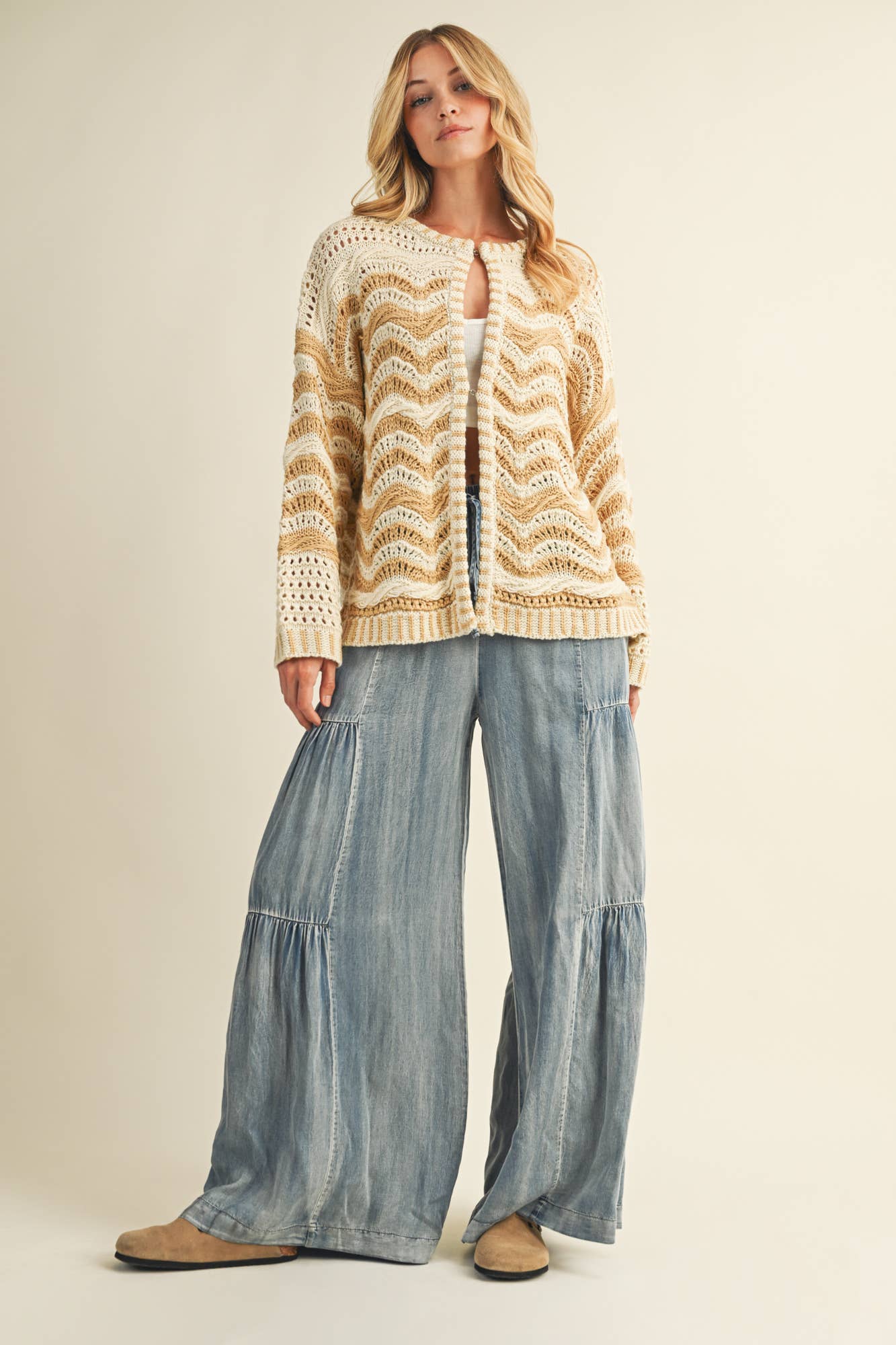 Ruffled Side Washed Denim Wide Leg Pant