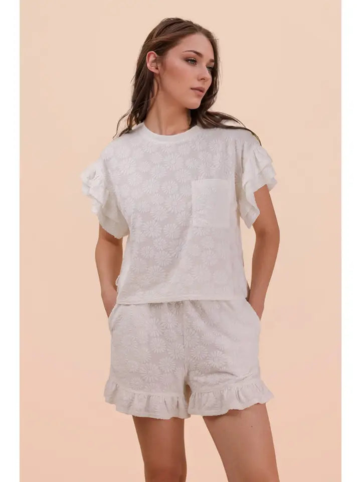Floral Textured Ruffle Knit Set - White