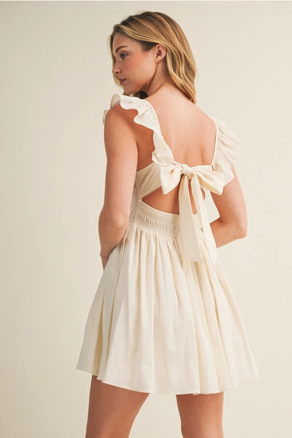 Square Neck Ruffled Back-Tie Dress - Natural