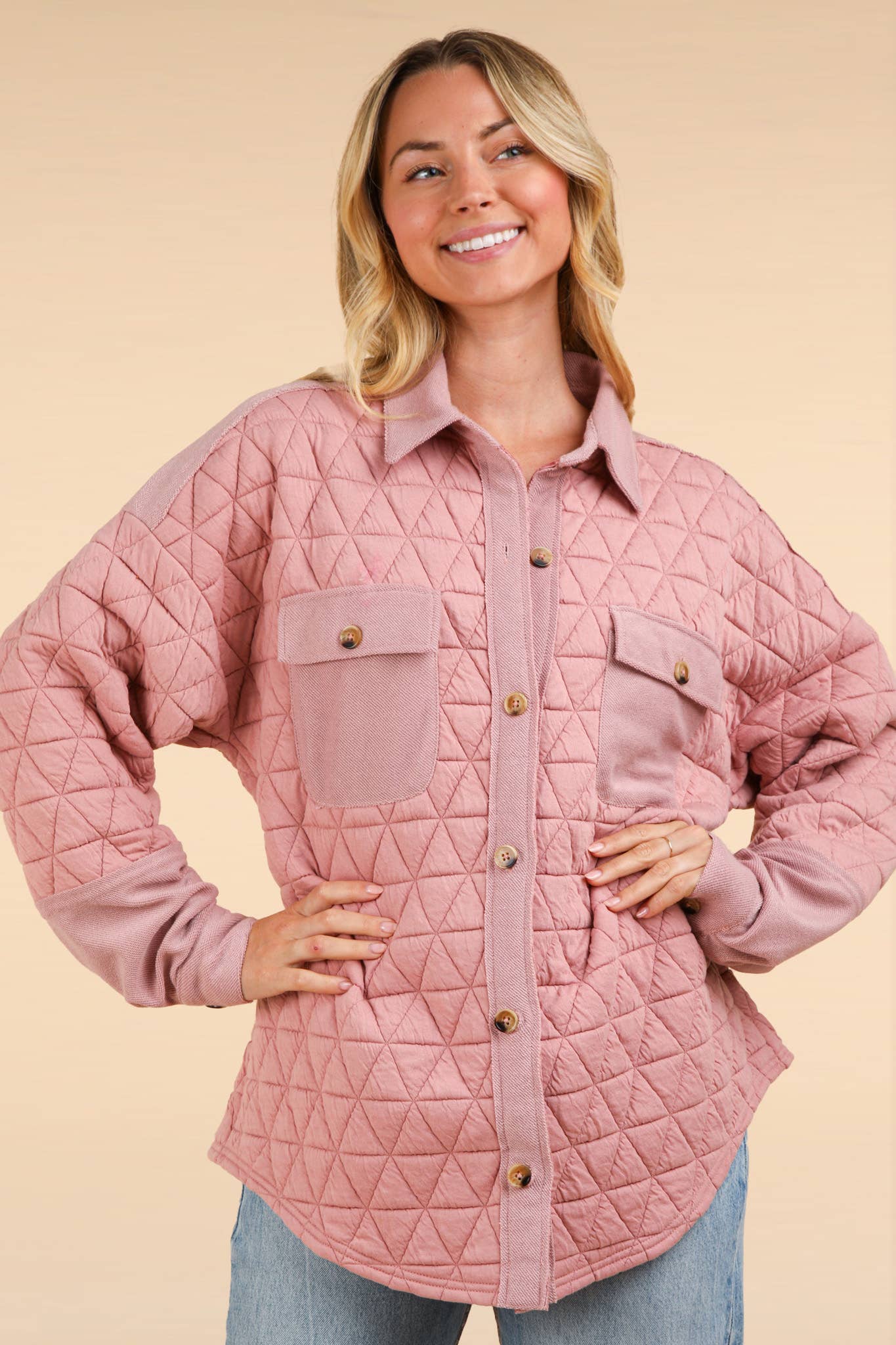 Oversized Quilted Cozy Shacket Jacket: Blush