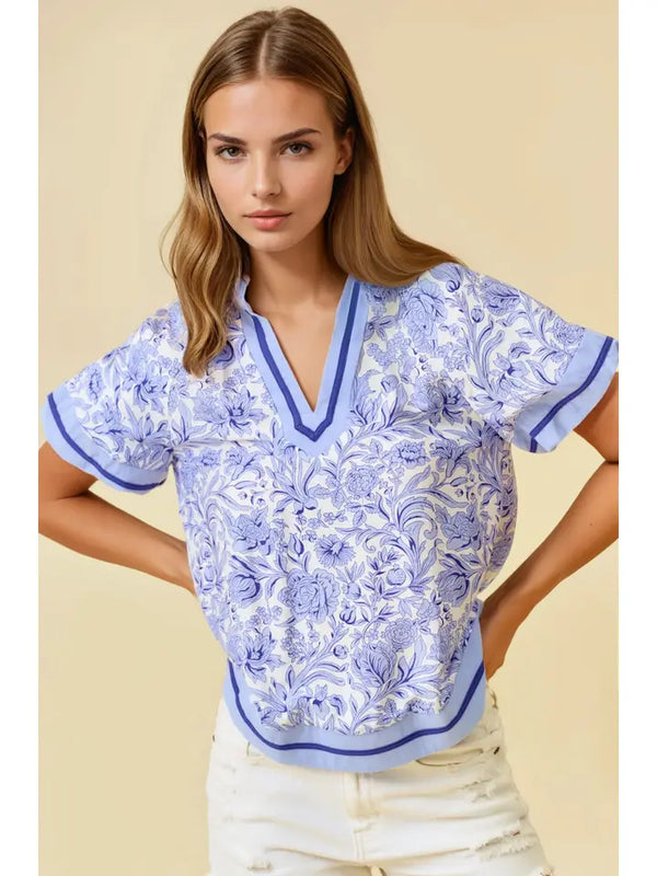 Floral Printed Ruffle Tiered Top - Peri Blue