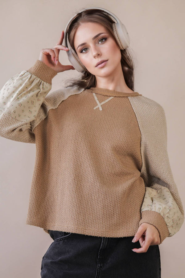 Raglan Sleeve Color Block Sweater - Mocha