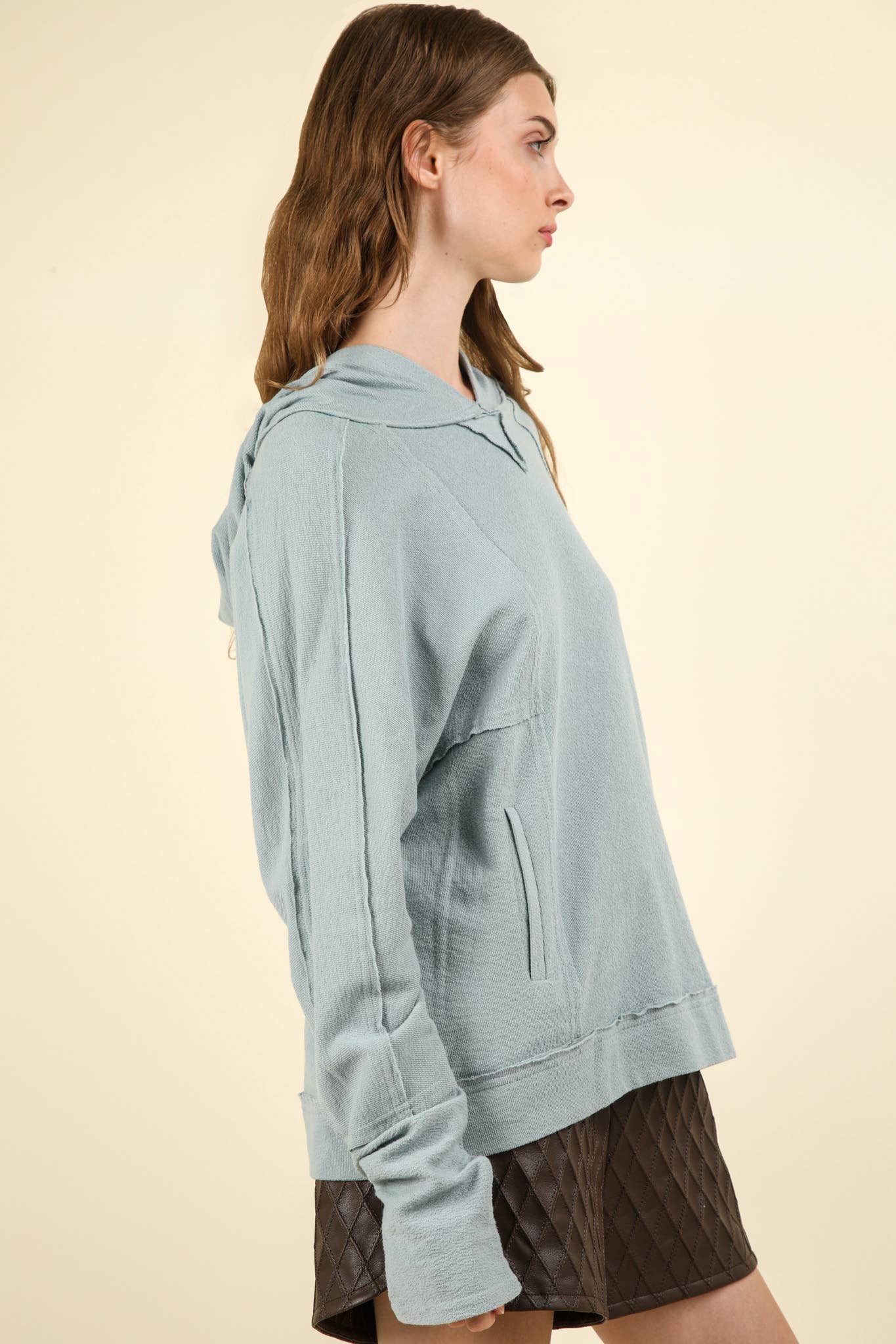 Raw Edge Cute Detail Hoodie Knit Top: Denim Blue