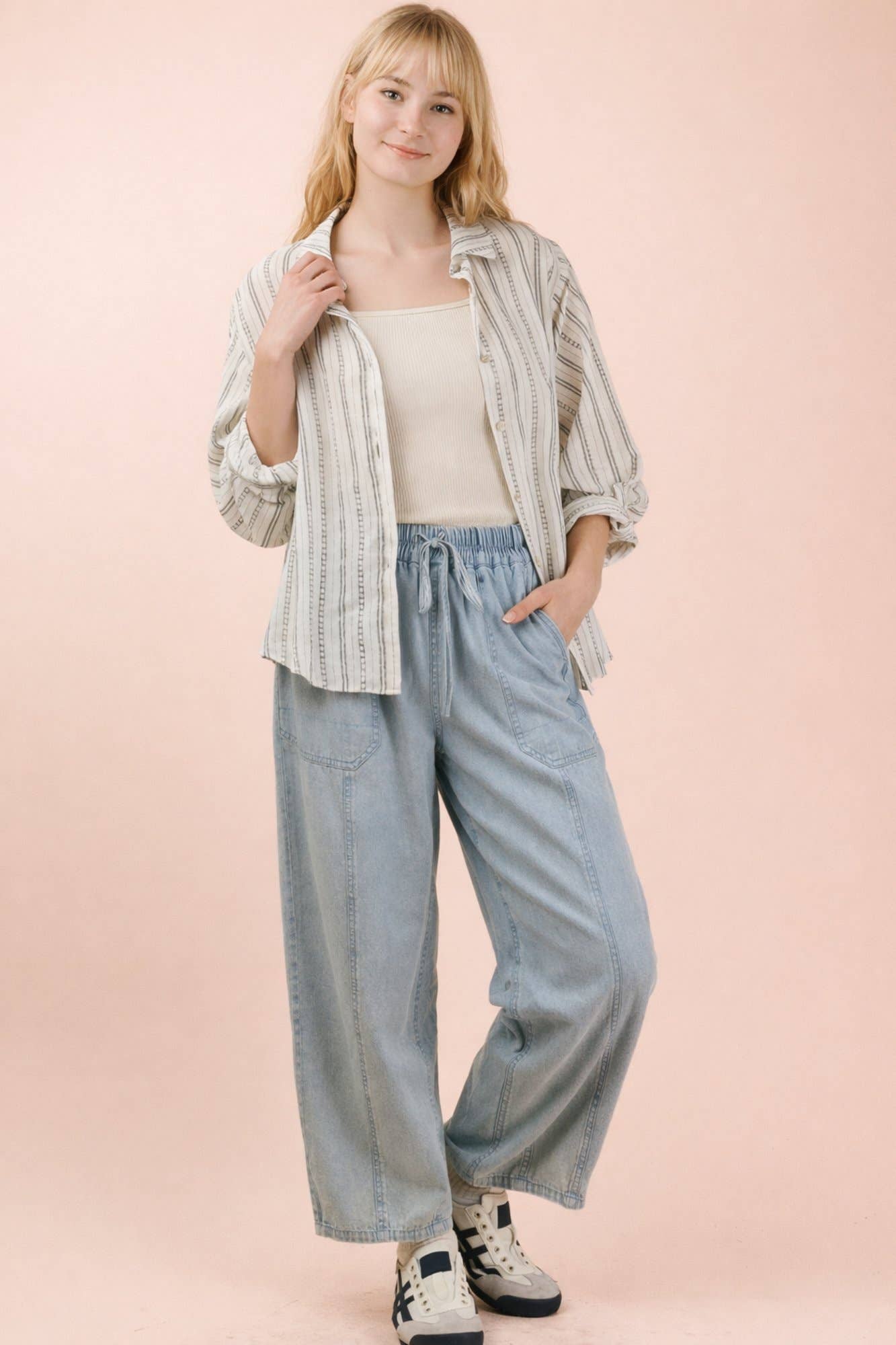 Roll up Half Sleeve Stripe Shirt Top - Black
