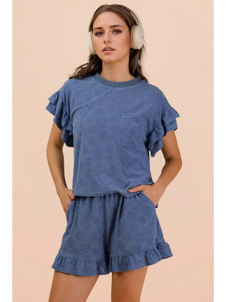 Floral Textured Ruffle Knit Set - Denim