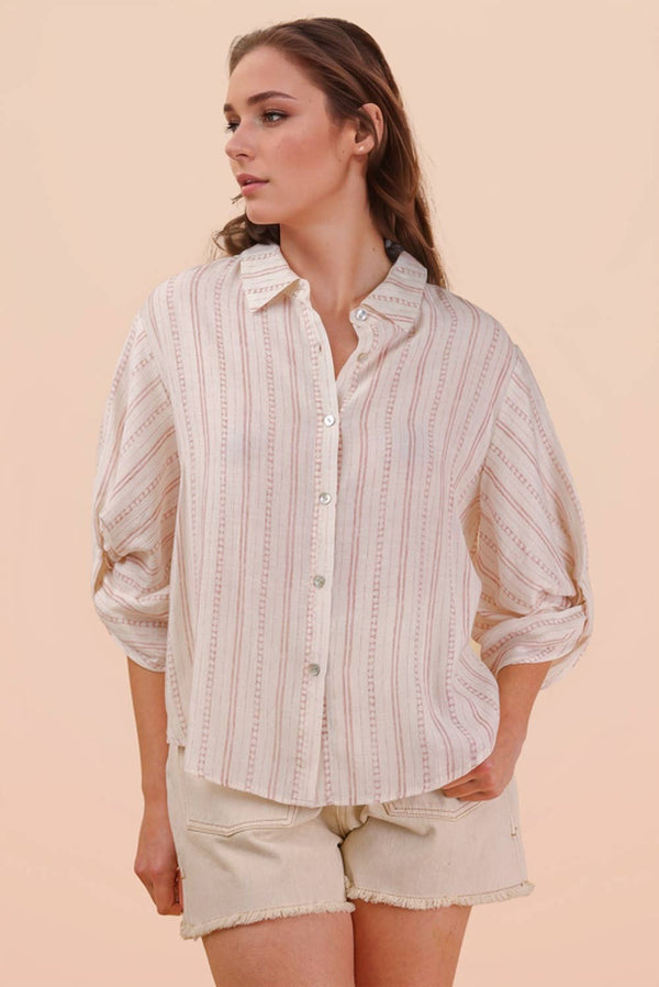 Roll up Half Sleeve Stripe Shirt Top - Mauve