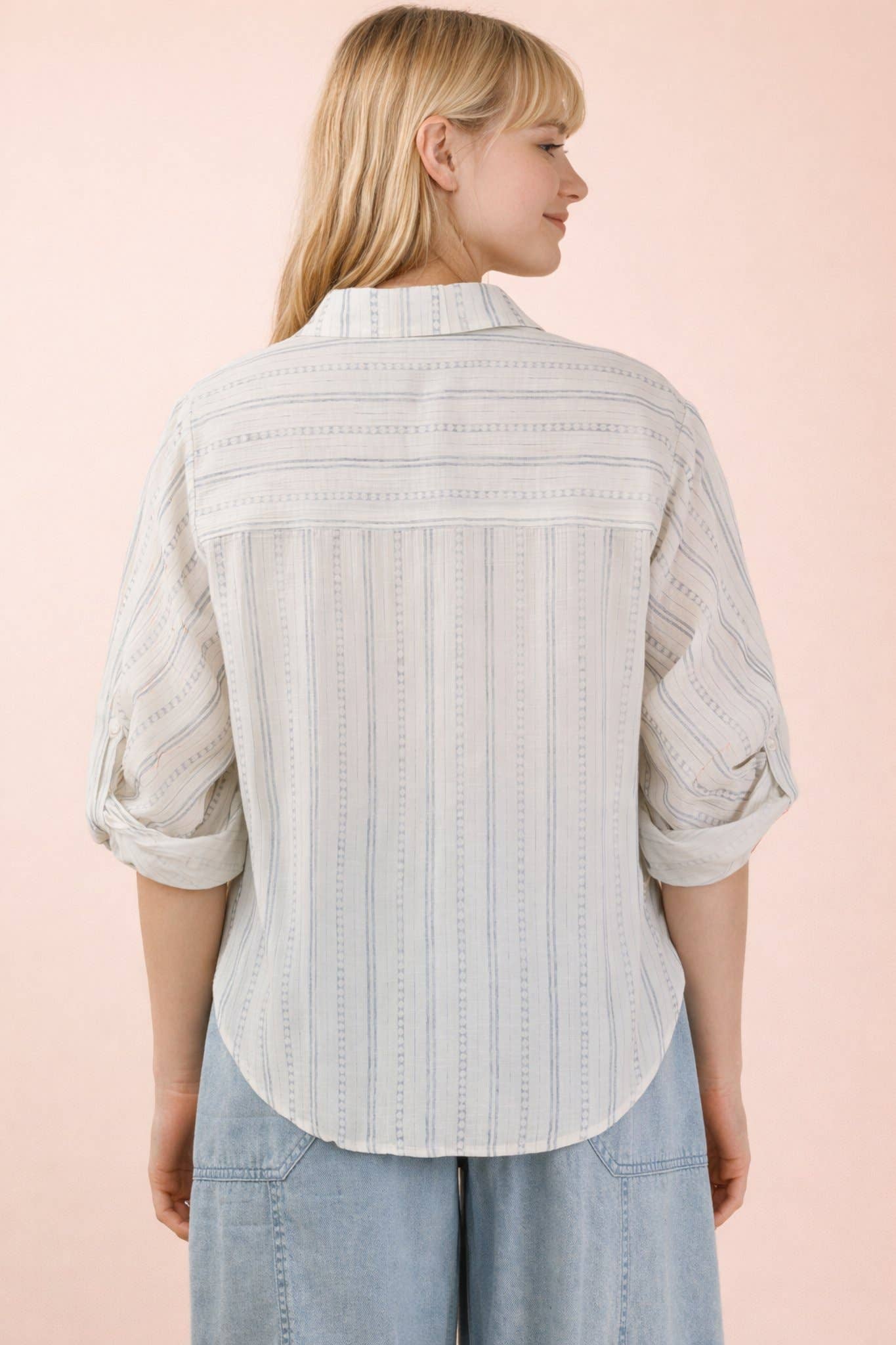 Roll up Half Sleeve Stripe Shirt Top - Black