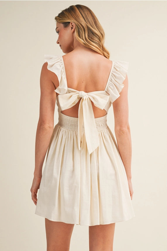 Square Neck Ruffled Back-Tie Dress - Natural