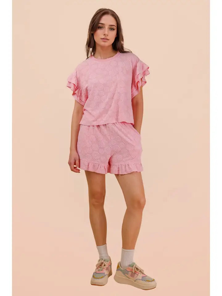 Floral Textured Ruffle Knit Set - Pink