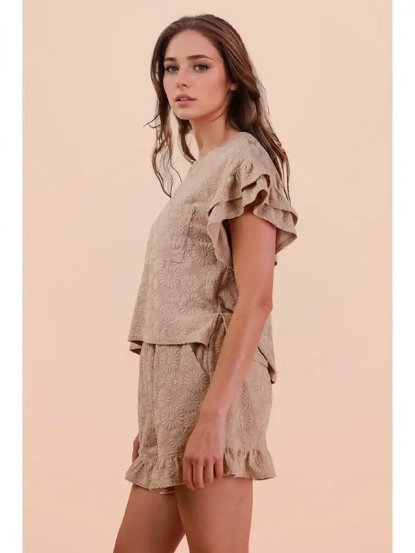 Floral Textured Ruffle Knit Set - Taupe