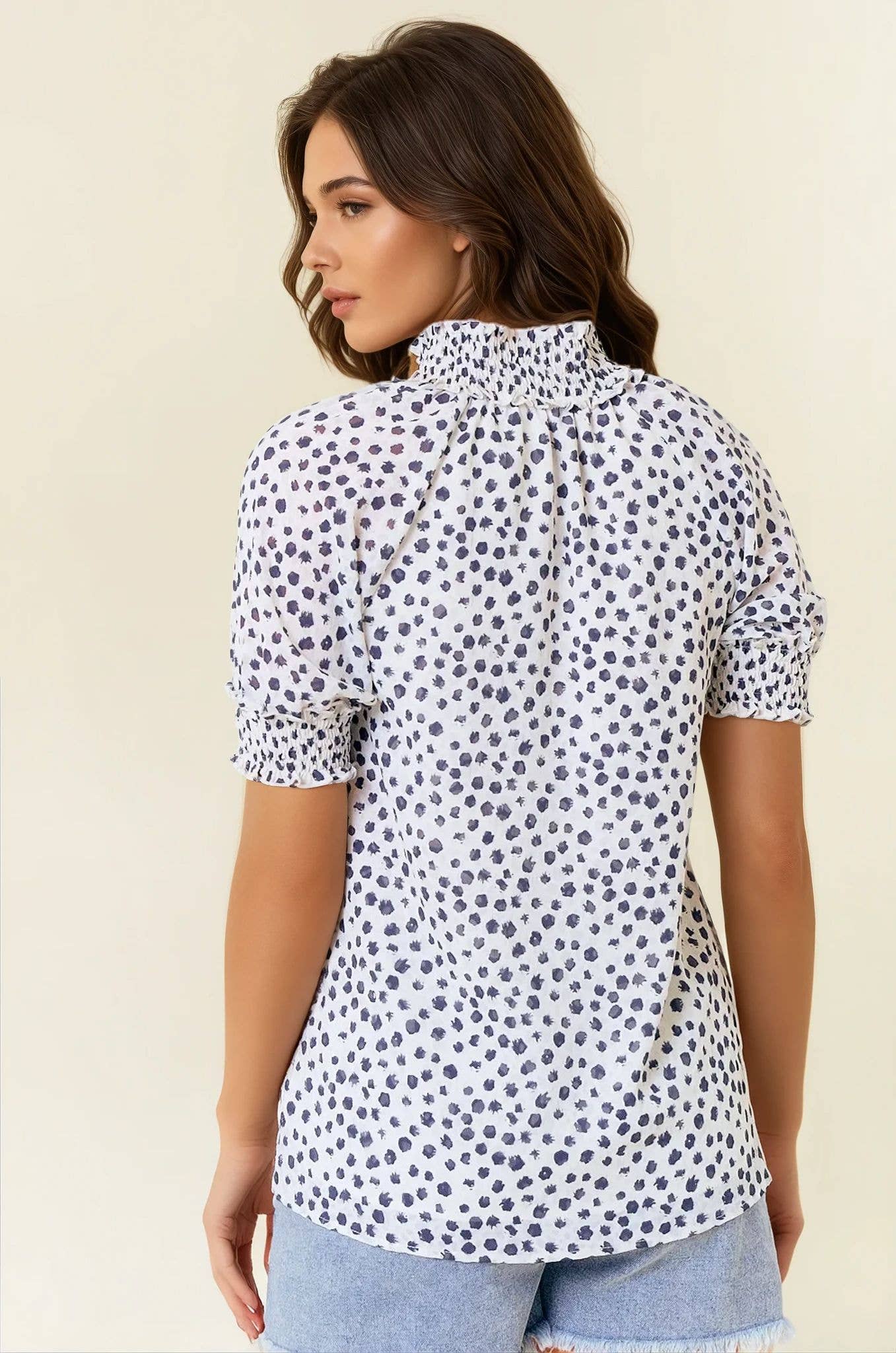 Jacquard Dot V-Neck Top - Black