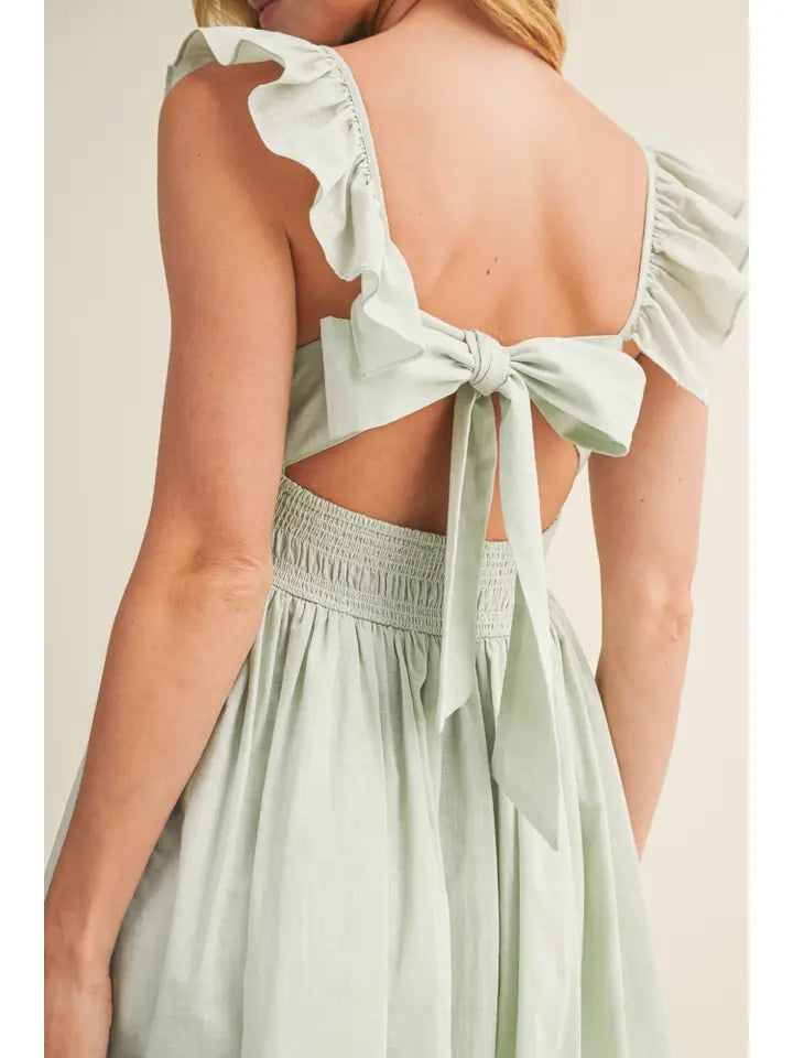 Square Neck Ruffled Back-Tie Dress - Muted Mint