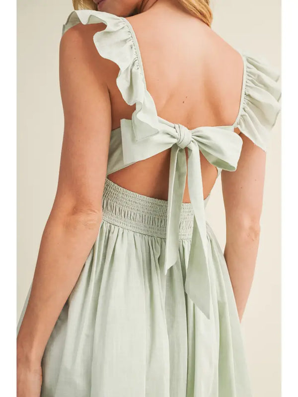 Square Neck Ruffled Back-Tie Dress - Muted Mint