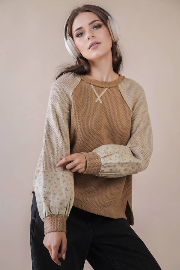 Raglan Sleeve Color Block Sweater - Mocha