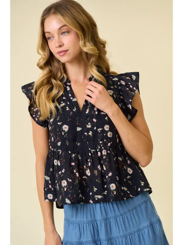 Floral Printed Ruffle Top - Black Multi