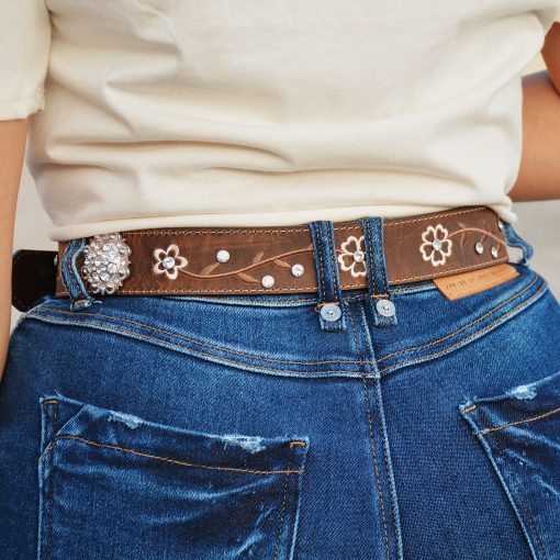 Distressed Brown with Embroidered Scrolling Flowers & Crystals Women's Scalloped Belt
