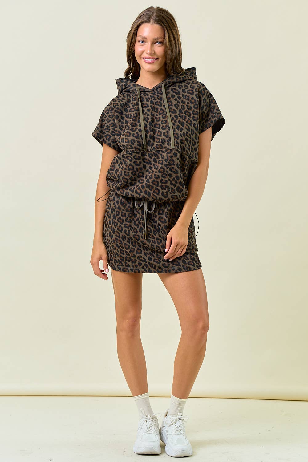 Oversized Terry Hoodie - Olive Leopard