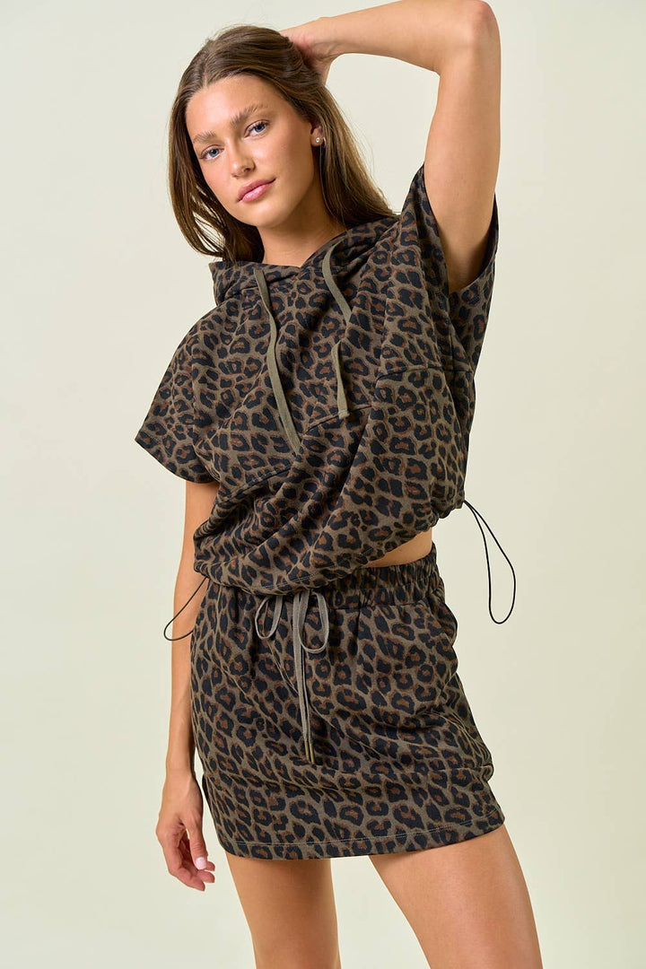 Oversized Terry Hoodie - Olive Leopard
