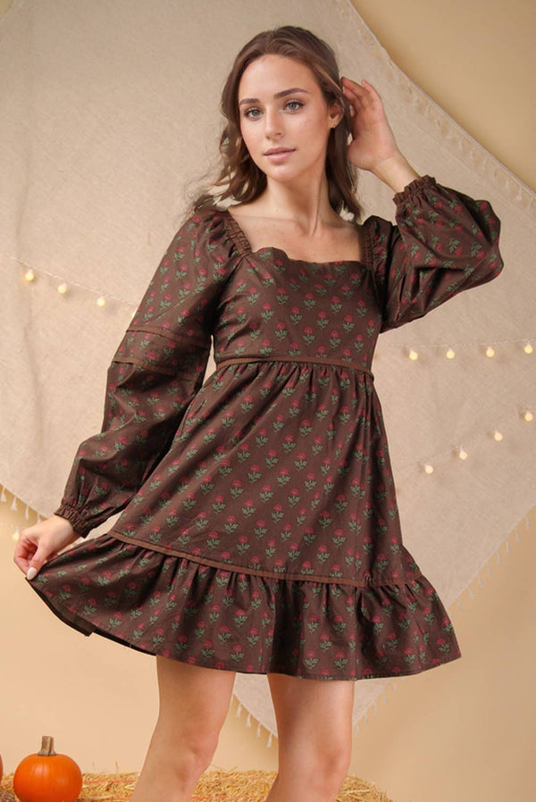 Printed Ruffle Detail Dress - Chocolate