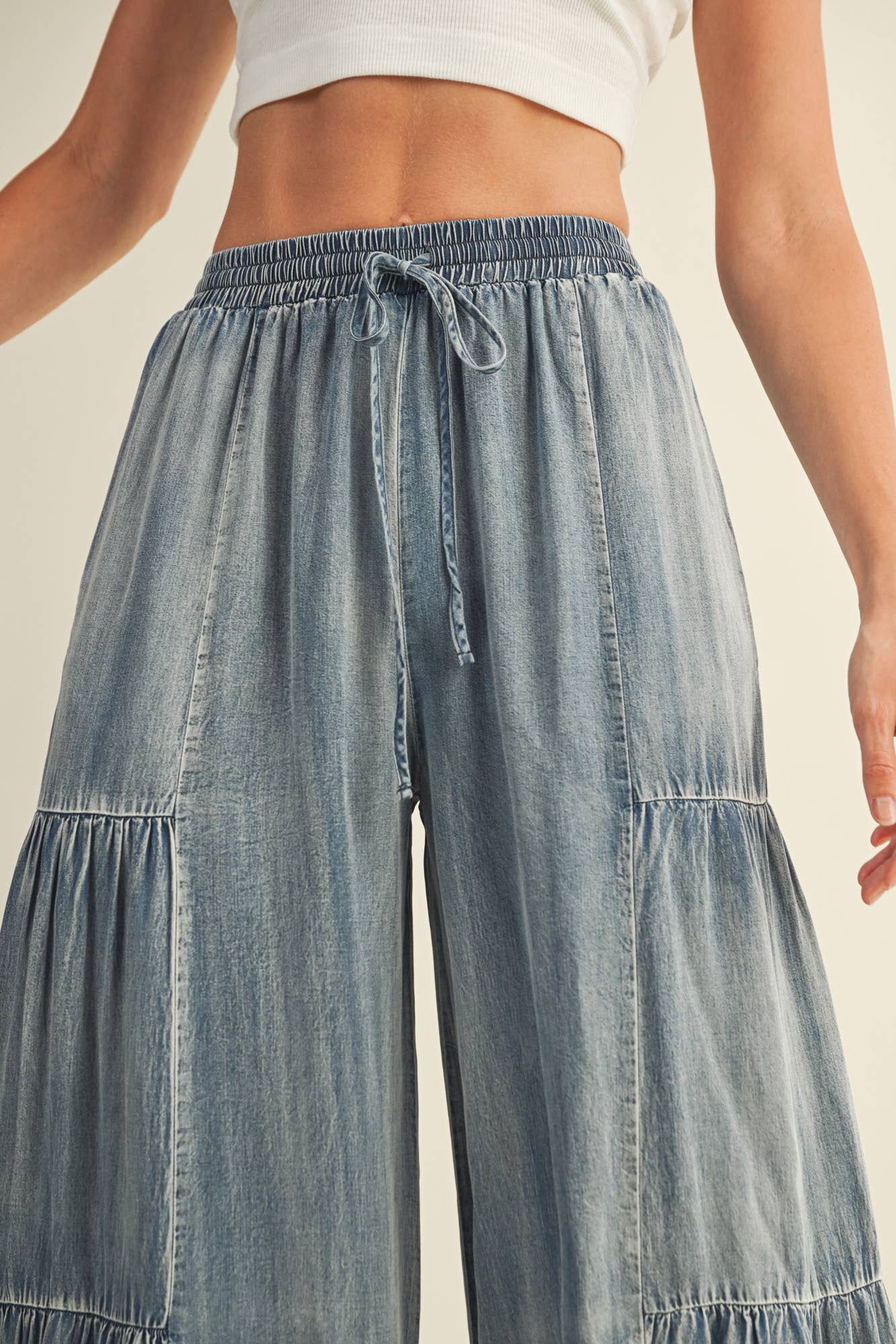 Ruffled Side Washed Denim Wide Leg Pant