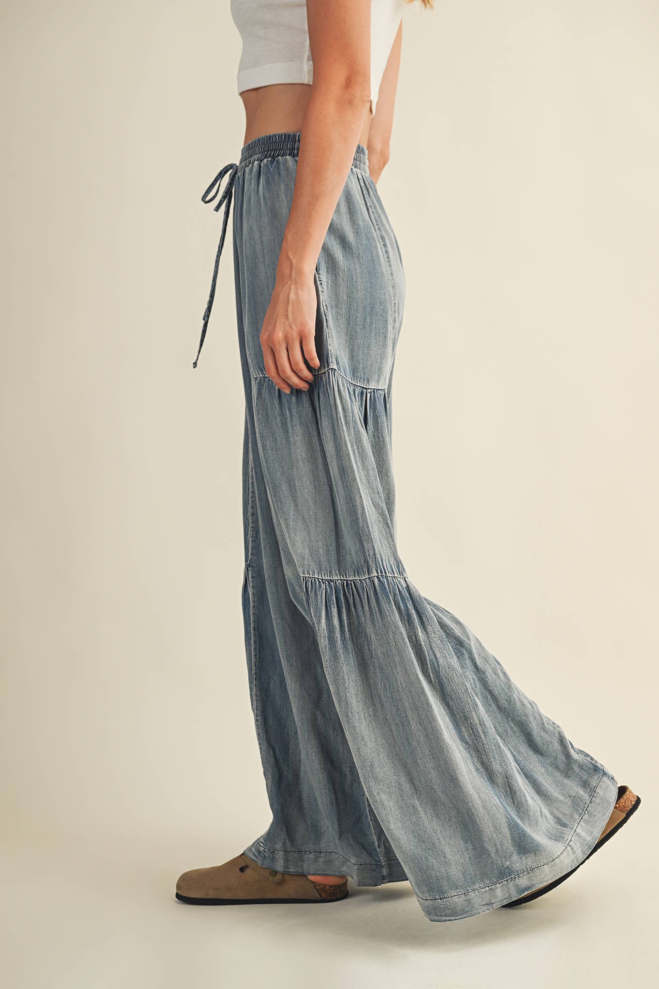 Ruffled Side Washed Denim Wide Leg Pant