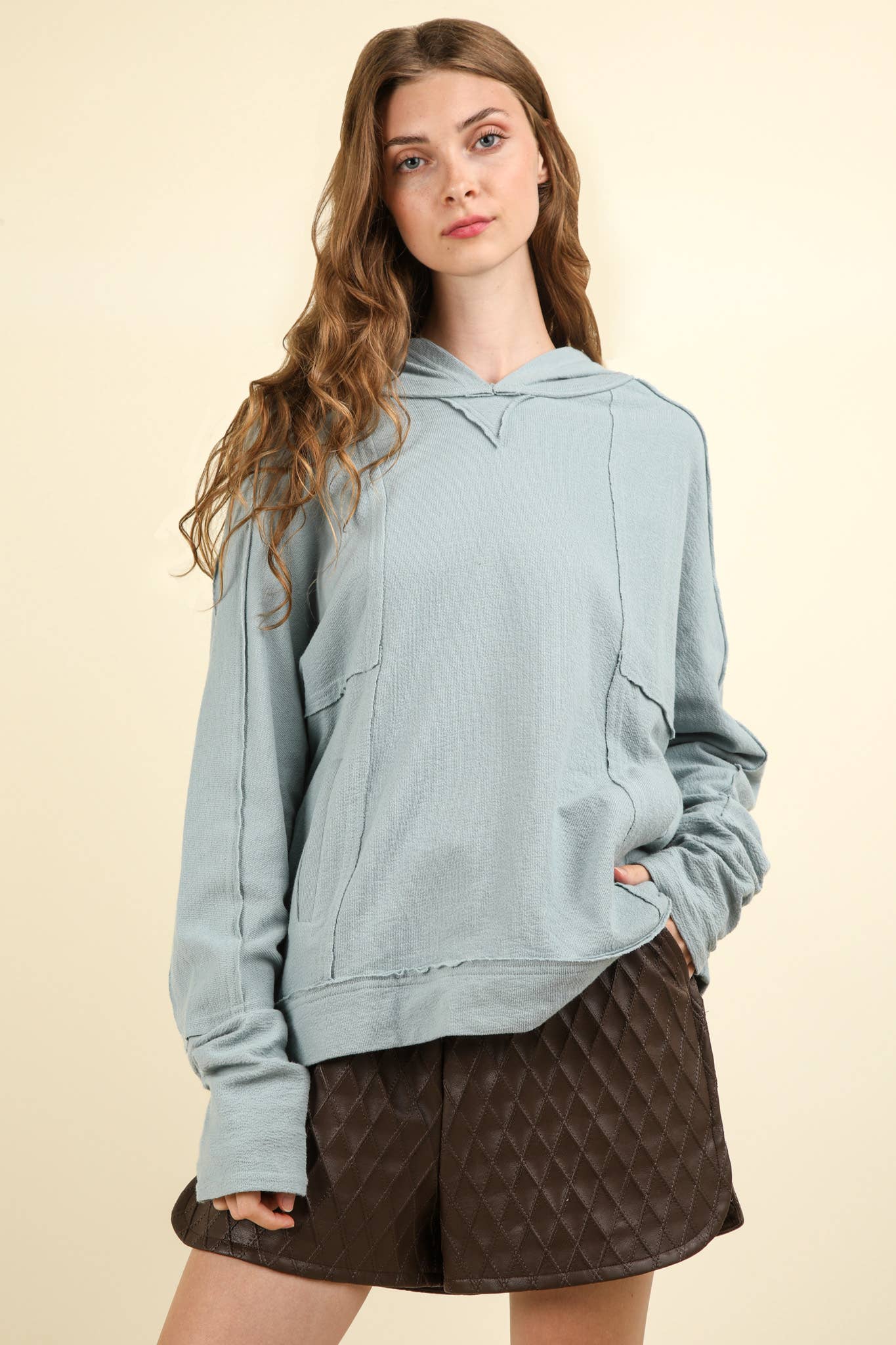 Raw Edge Cute Detail Hoodie Knit Top: Denim Blue