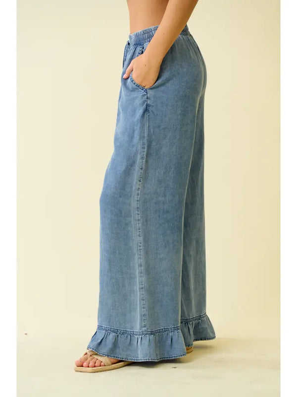 Denim Ruffle Bottom Wide Leg Pant