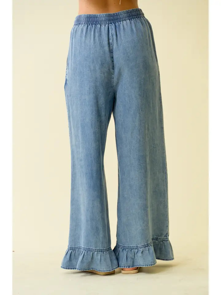 Denim Ruffle Bottom Wide Leg Pant
