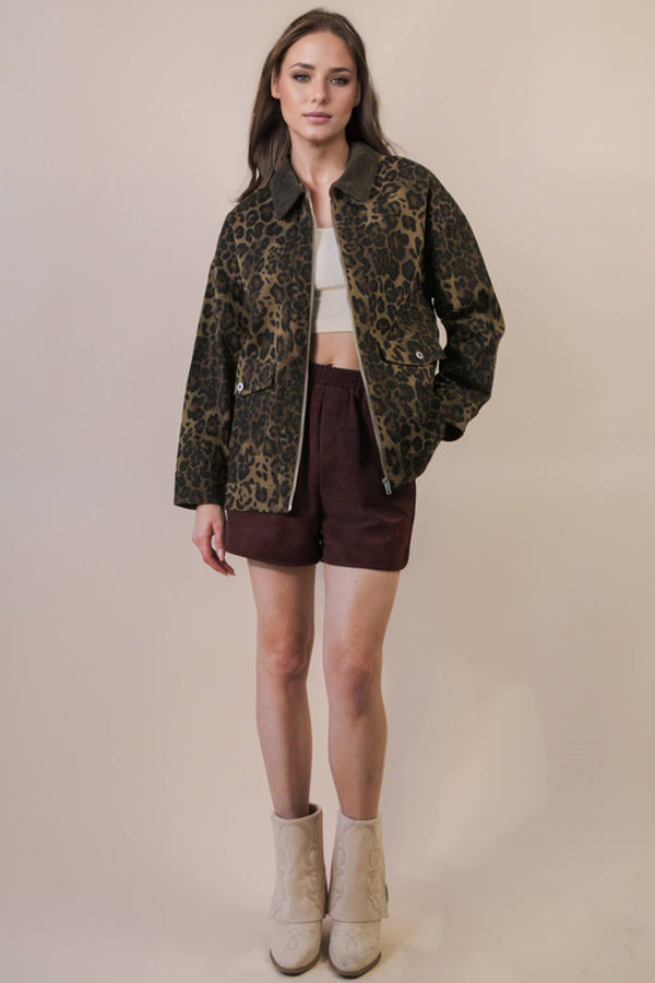 Leopard Print Washed Jacket - Olive