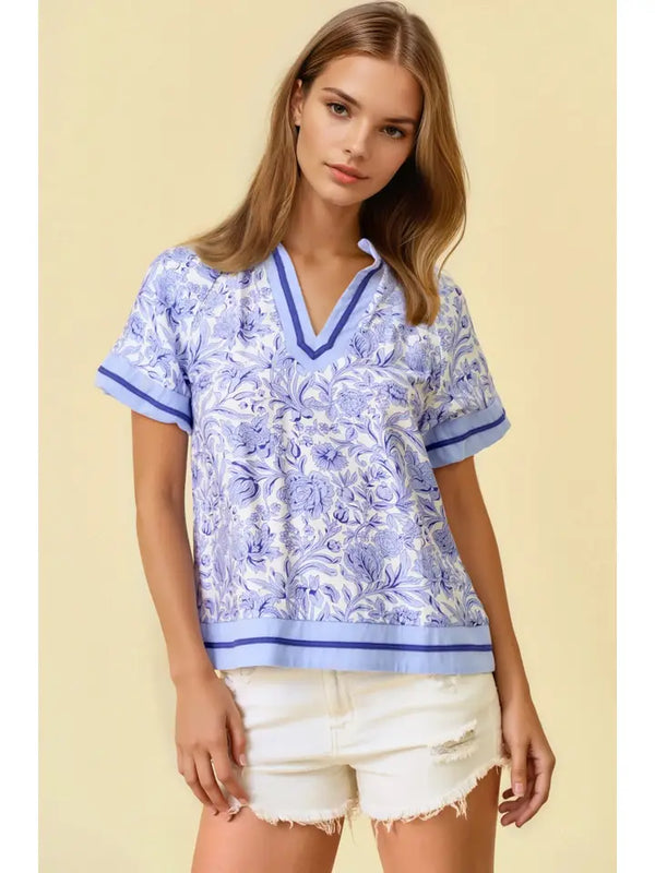 Floral Printed Ruffle Tiered Top - Peri Blue