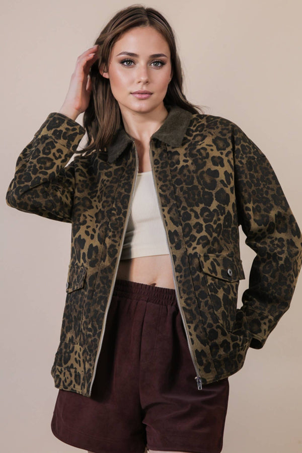 Leopard Print Washed Jacket - Olive