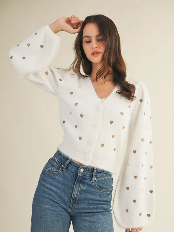 Puff Sleeve Sweater Cardigan - Ivory