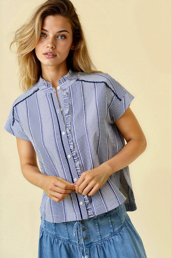 Gingham Ruffle Mix Top - Navy