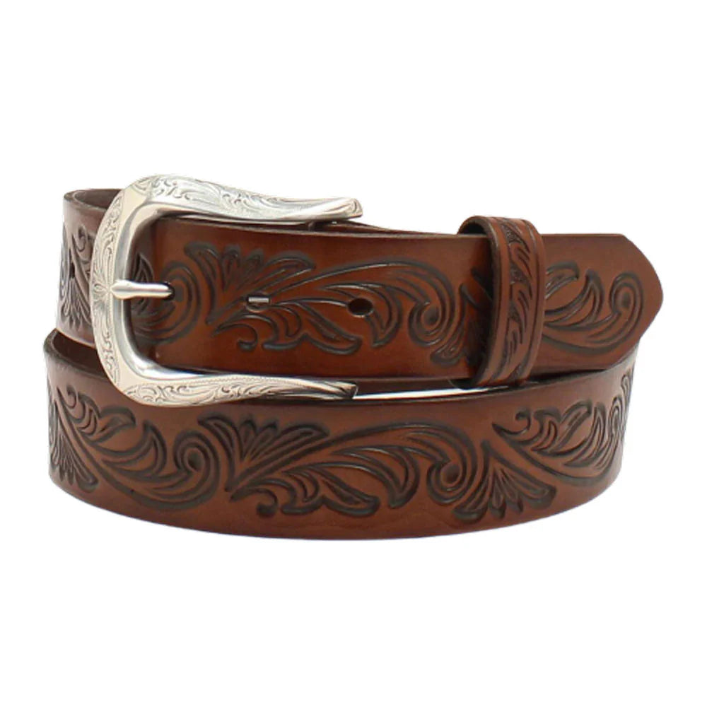 Brown Floral Embossed Leather Belt