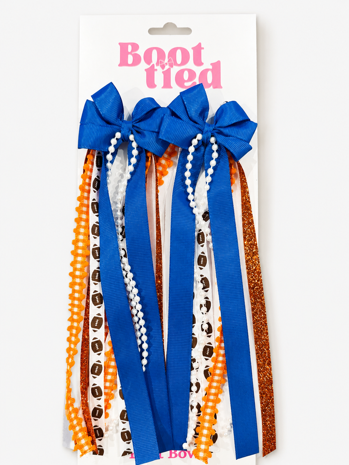Game Day Boot Ties – Blue & Orange Football Bow Set