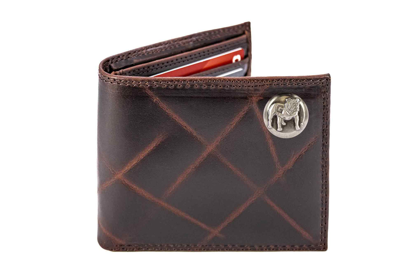 Standing Bulldog Brown Wrinkle Leather Bifold Wallet