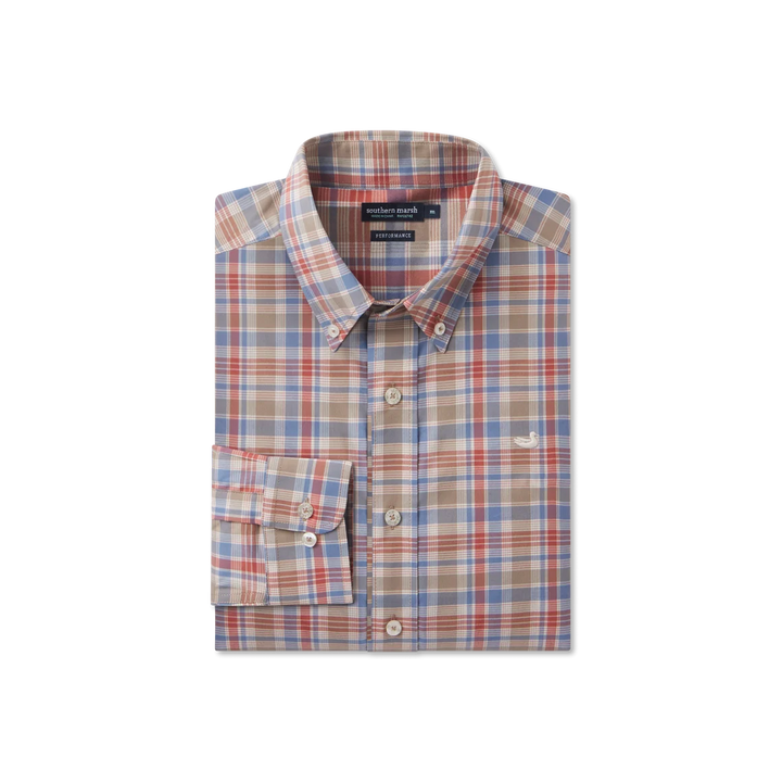 Franklin Plaid Performance Dress Shirt - Washed Slate/Burnt Orange