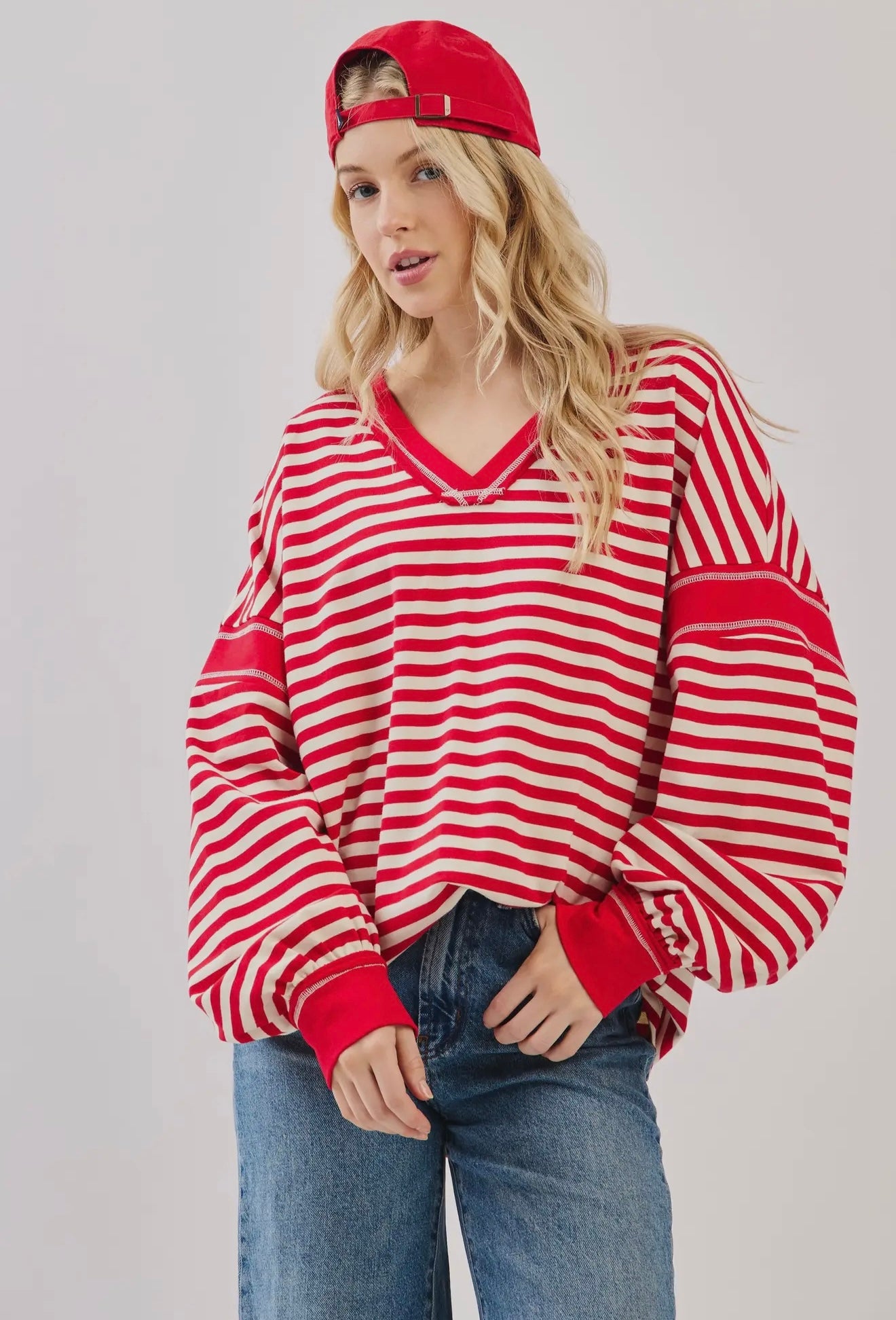 Striped Balloon Sleeve V Neck Knit Top