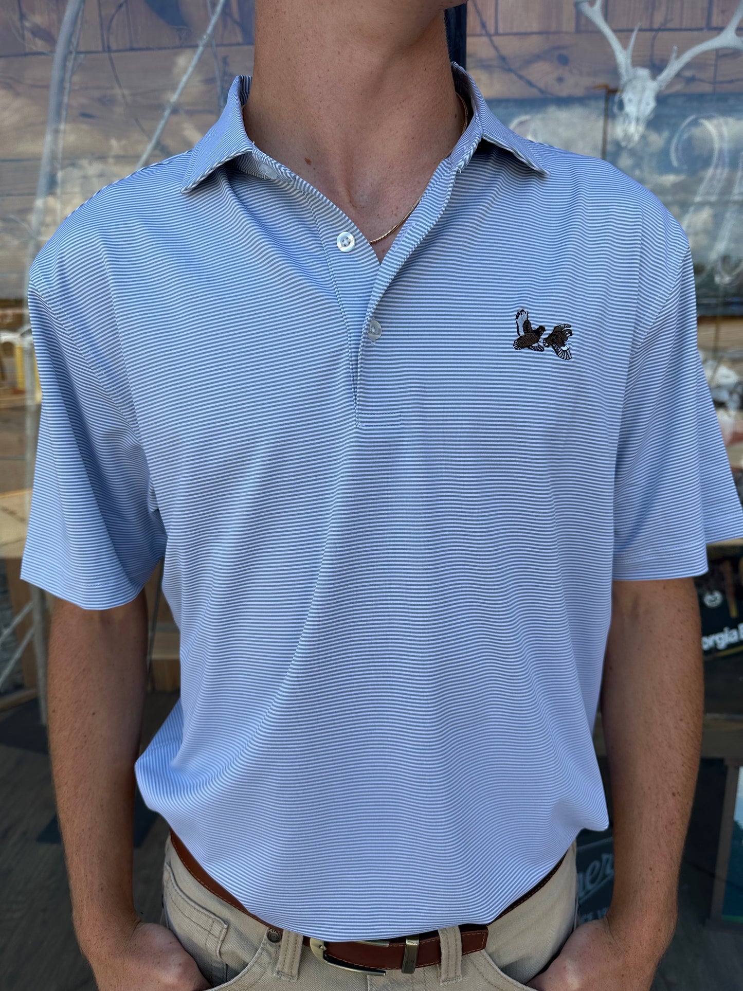 Double Quail Performance Stripe Polo - White/Silver