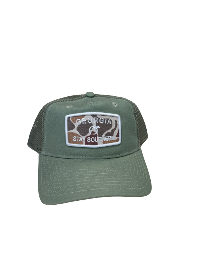 Georgia Emblem Patch Mesh Back Trucker Hat - Olive & Old School Camo