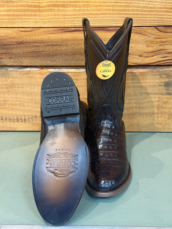MN BROWN CAIMAN INLAY & EMBROIDERY ROUND TOE