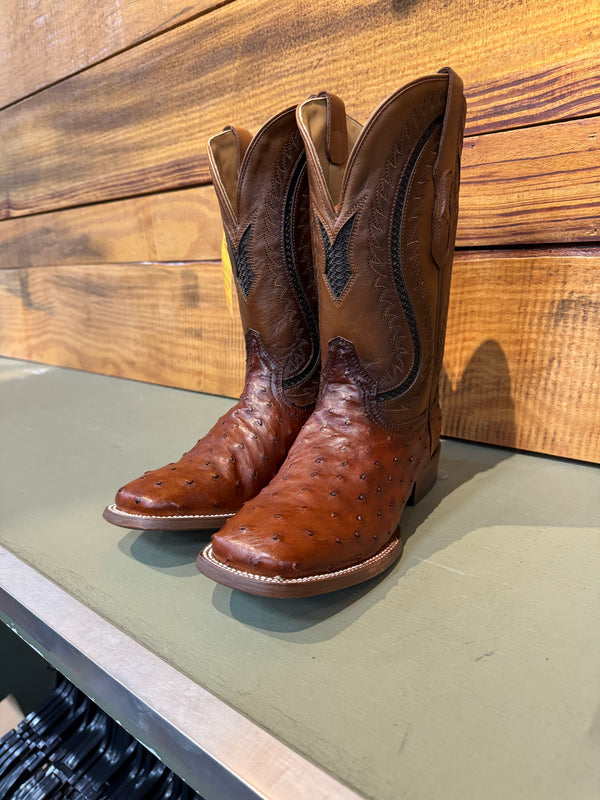 MN Cognac Ostrich Inlay & Embroidery Wide Square Toe