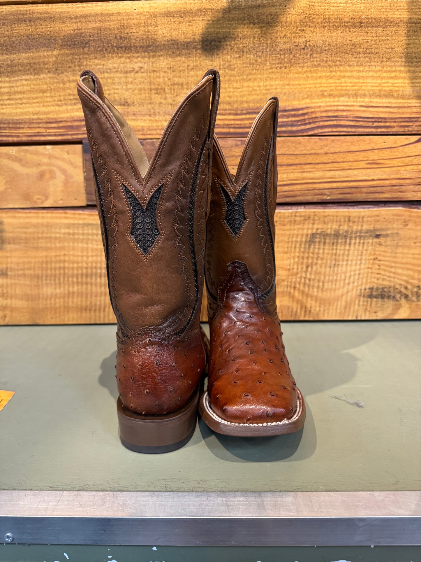 MN Cognac Ostrich Inlay & Embroidery Wide Square Toe