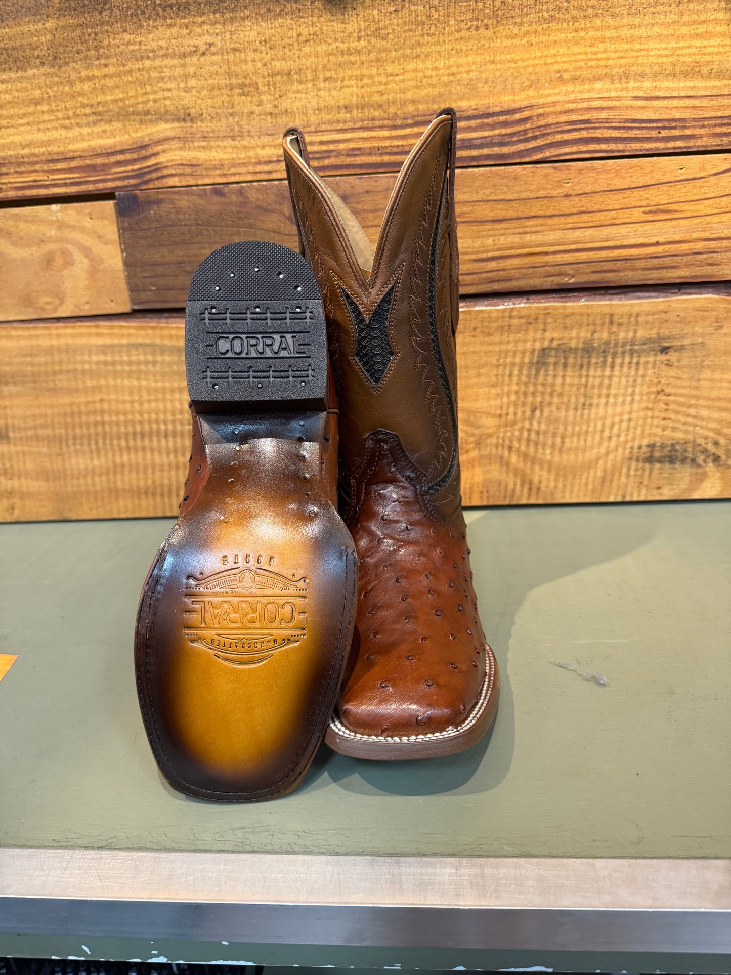 MN Cognac Ostrich Inlay & Embroidery Wide Square Toe