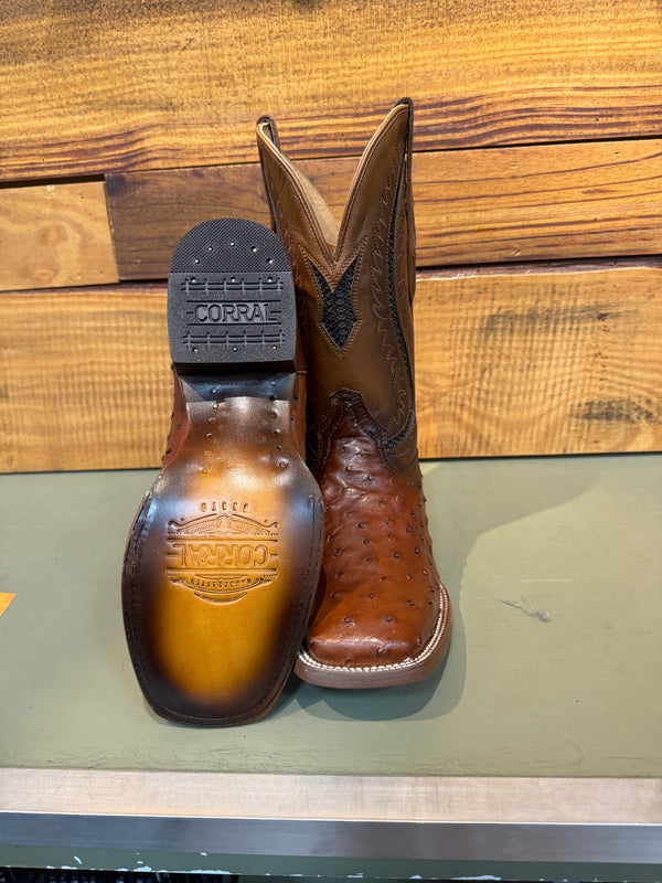 MN Cognac Ostrich Inlay & Embroidery Wide Square Toe