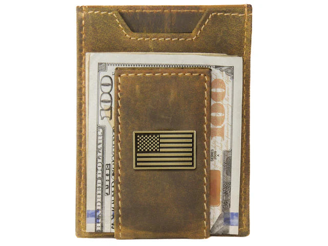 VINTAGE TAN FRONT POCKET WALLET - BRASS USA FLAG