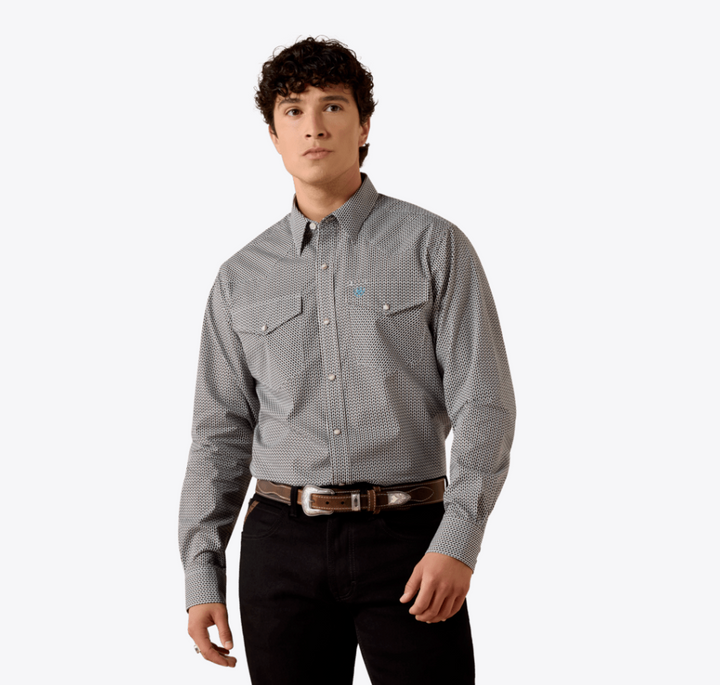 Chas Fitted Snap Shirt - Black & White Multi Geo Print